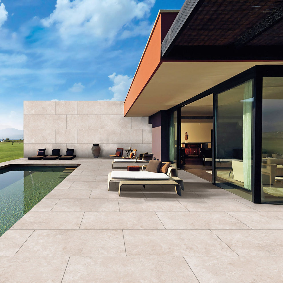 Cream Travertine Outdoor Porcelain Paving Slabs - 900x600x20 mm