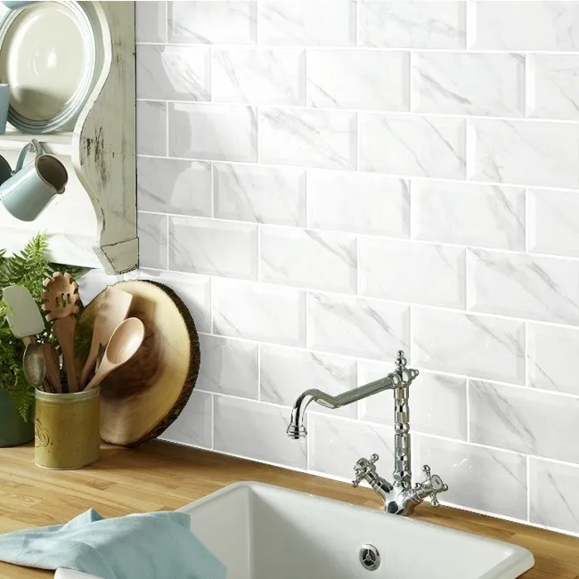 Glossy White Calacatta Metro Wall Tile 200x100mm