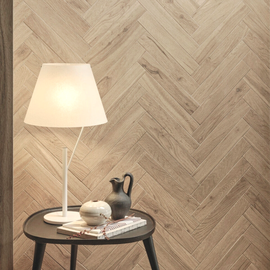 Italian Herringbone Light Oak Wood Effect Porcelain Floor Tile-300x53mm