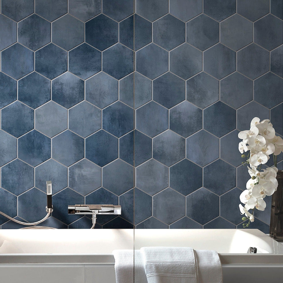 Italian Steel Blue Hexagon Porcelain Tile – 250 × 220 mm