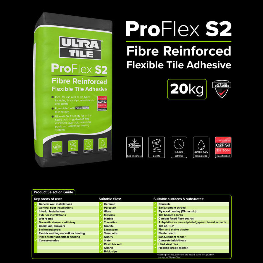 Ultra Tile ProFlex S2 Fibre Reinforced Flexible Tile Adhesive Grey-20kg